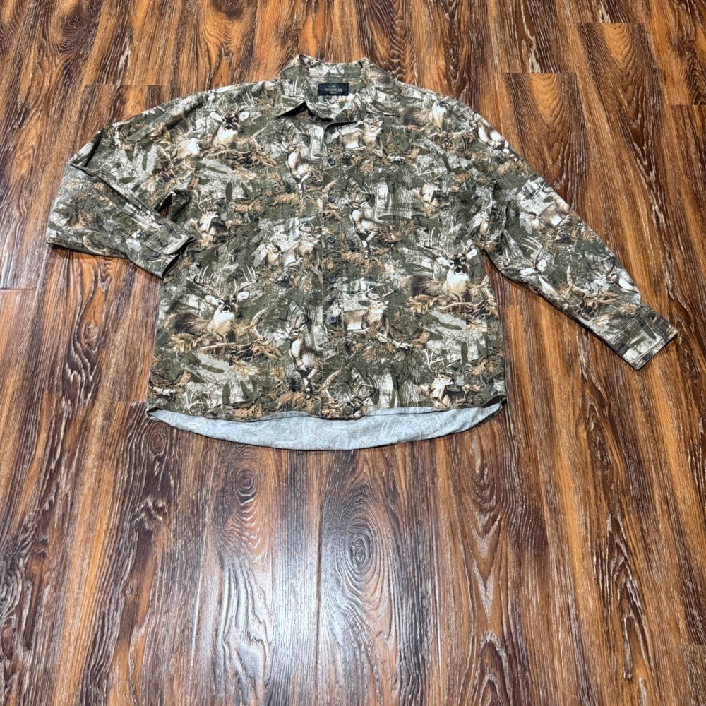 RedHead L AOP Button Down Shirt Mens Green Wildlife Deer Print Long Sleeve Camo